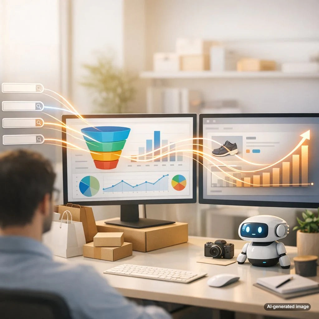 Business owner calculating SEO content Roi by tracking conversions from long-tail keyword traffic