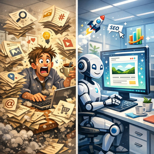 SEO strategy illustration showing the decision between creating a new blog post and updating an old article for a new long-tail keyword