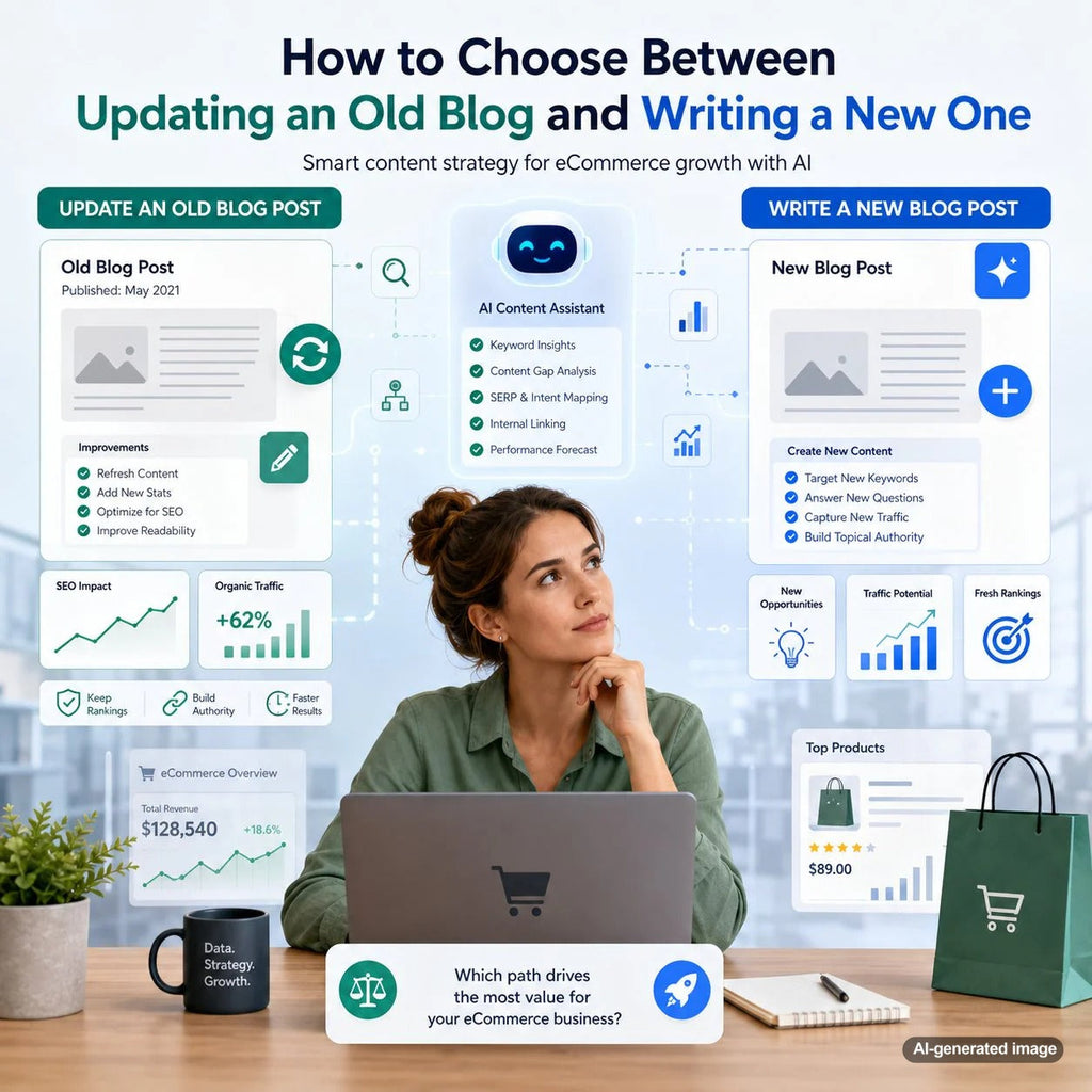 Business owner deciding whether to update an old blog post or write a new SEO article for better Google rankings