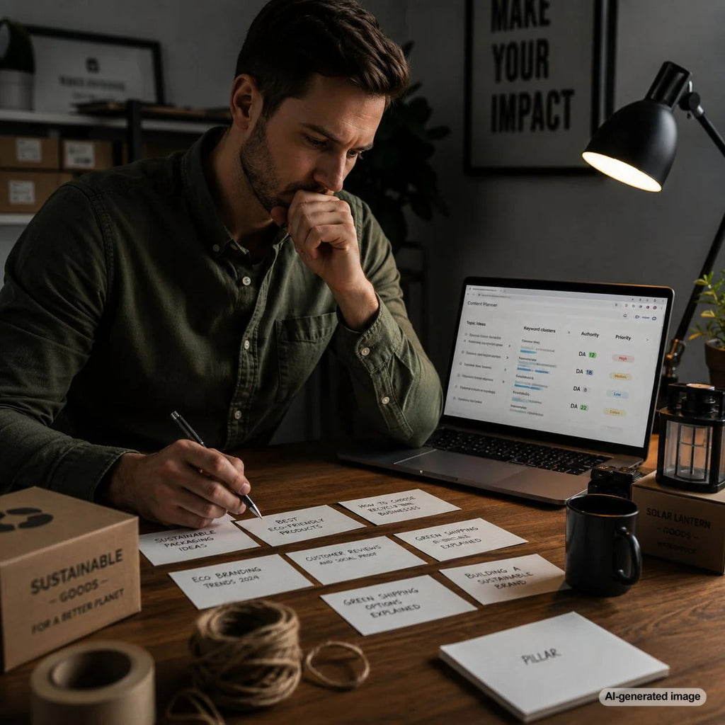 Small business owner planning SEO blog topics for a low authority website using keyword research and content strategy