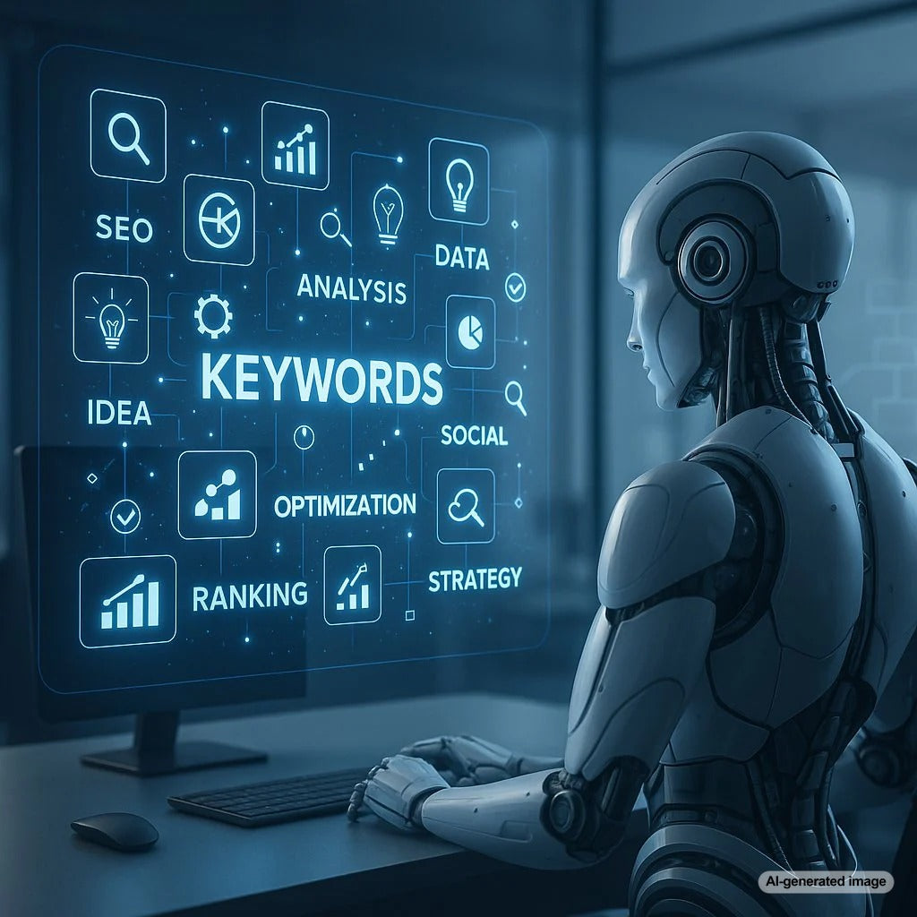 Graphic showing illustrated concept of choosing SEO keywords in four steps