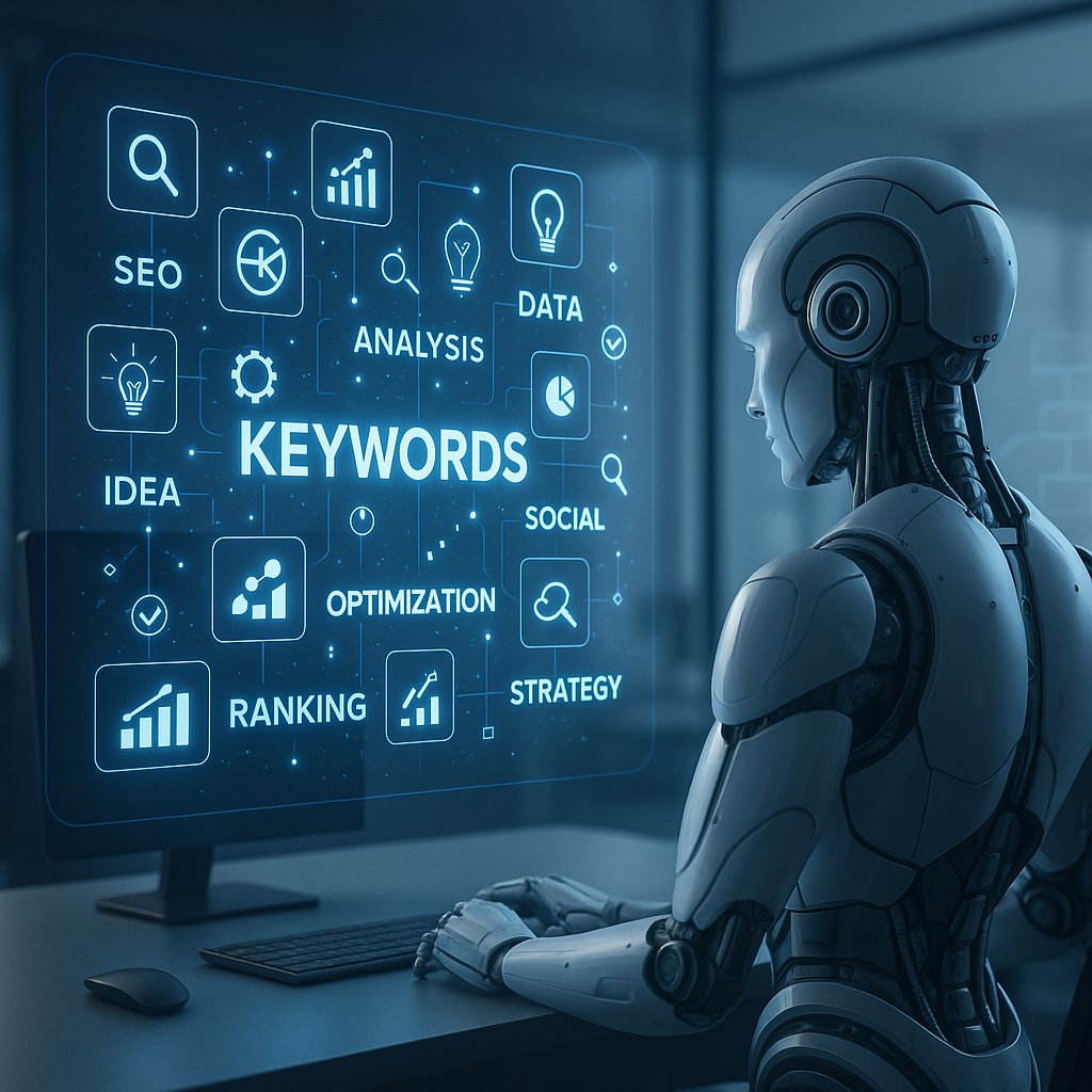 Graphic showing illustrated concept of choosing SEO keywords in four steps