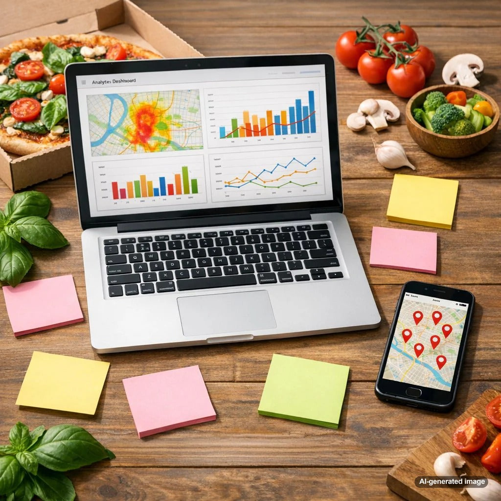 Illustration representing local SEO strategy by combining geo-targeted keywords with long-tail modifiers to attract nearby customers, such as best vegan pizza in Austin, Texas