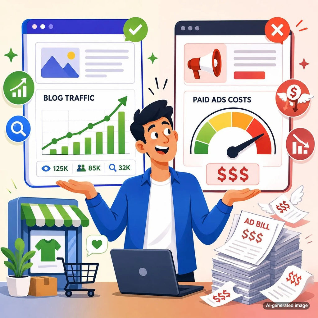 Comparison of growing blog traffic and paid advertising costs for measuring long-term marketing ROI