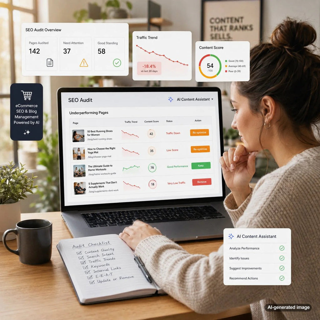 SEO content audit dashboard showing underperforming pages selected for re-optimization or removal