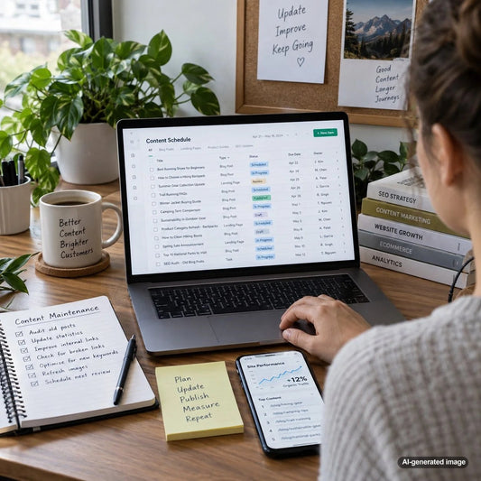 Content manager organizing a structured maintenance schedule for a large website and planning SEO content updates