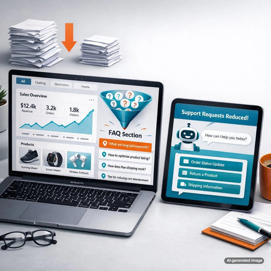 E-commerce FAQ page strategy illustration showing customer questions, search optimization, and reduced support tickets