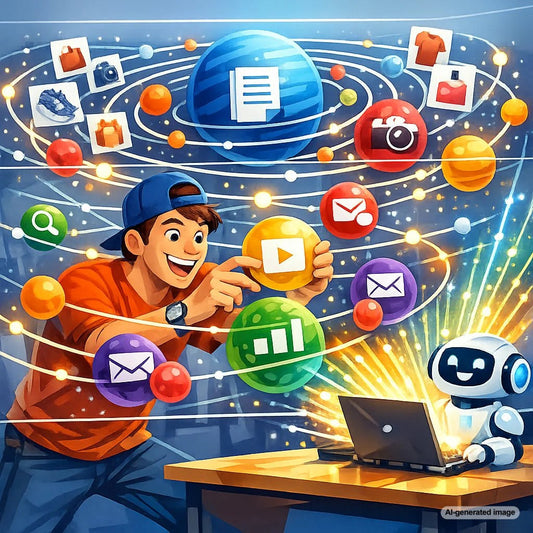 Illustration representing a topic cluster strategy with a seed keyword, pillar page, and supporting blog posts connected through internal links
