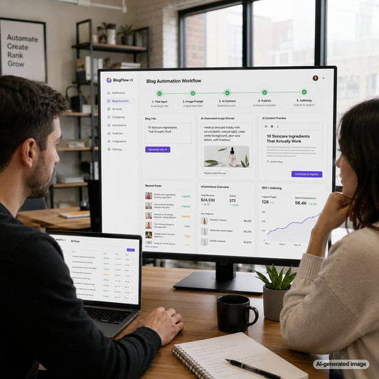 Content professional using an automated workflow to turn blog titles into detailed AI image prompts and relevant blog visuals