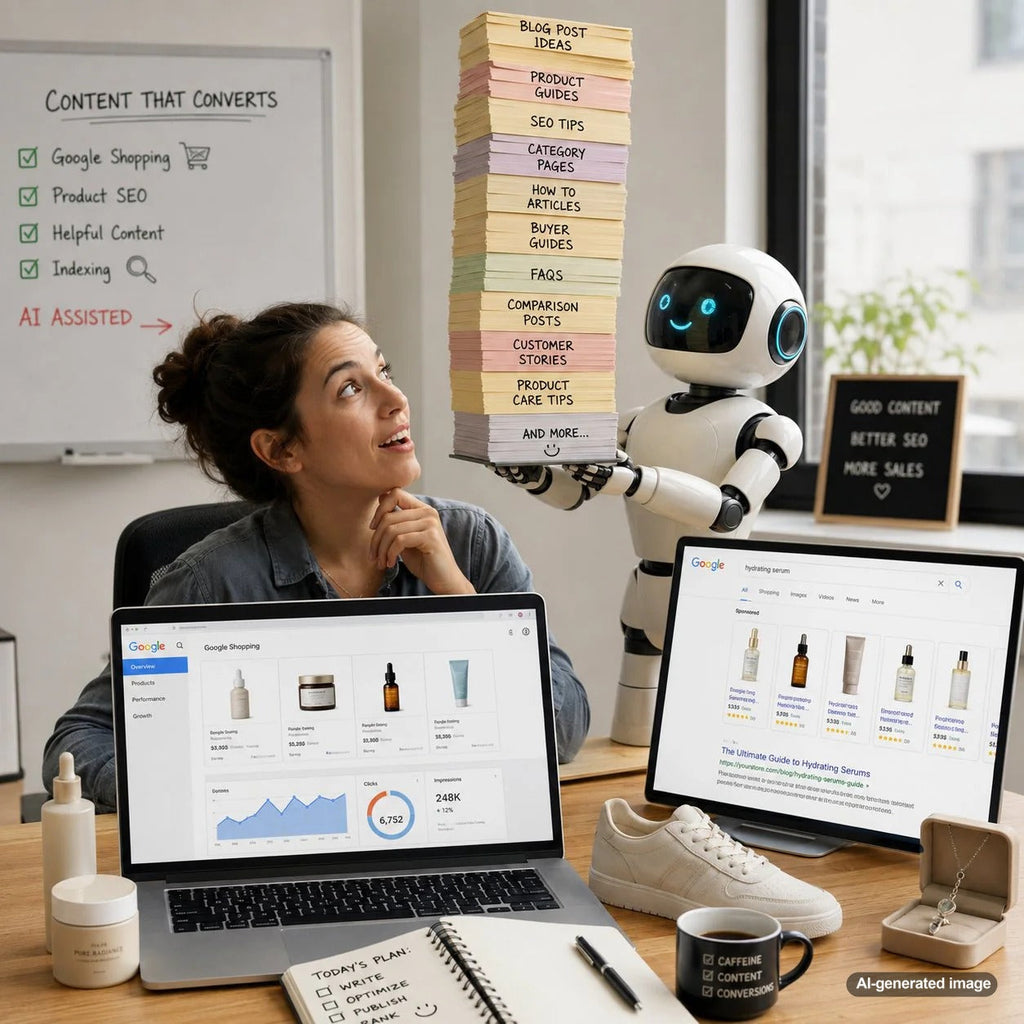 Ecommerce blog content strategy supporting Google Shopping visibility and product SEO growth