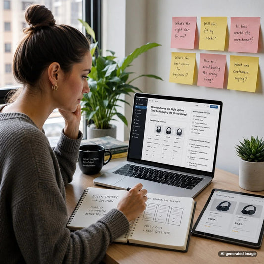 Business owner creating helpful blog content that guides uncertain customers toward confident purchase decisions