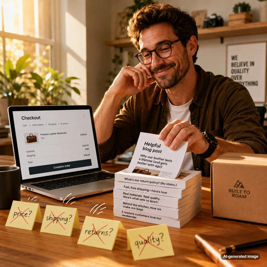 Business owner creating ecommerce blog content that answers customer objections before checkout