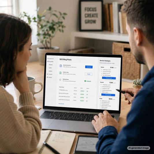 Business owner planning SEO blog posts that help customers compare service packages and choose the right option