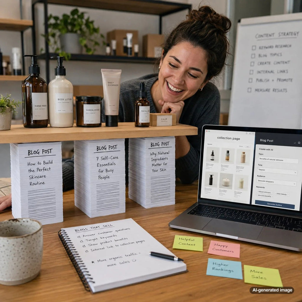 Business owner planning SEO blog posts that support ecommerce product collection pages