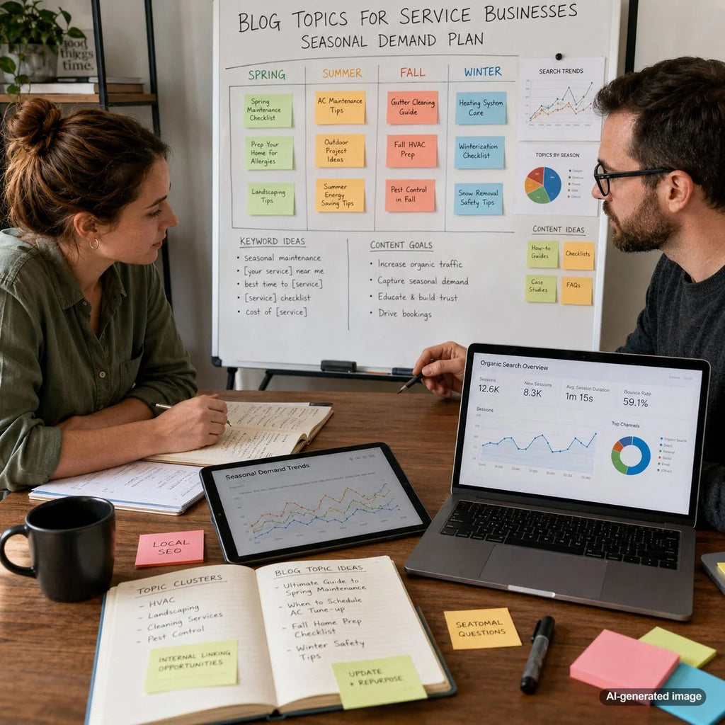 Business owner planning seasonal service blog topics and organizing an SEO content calendar