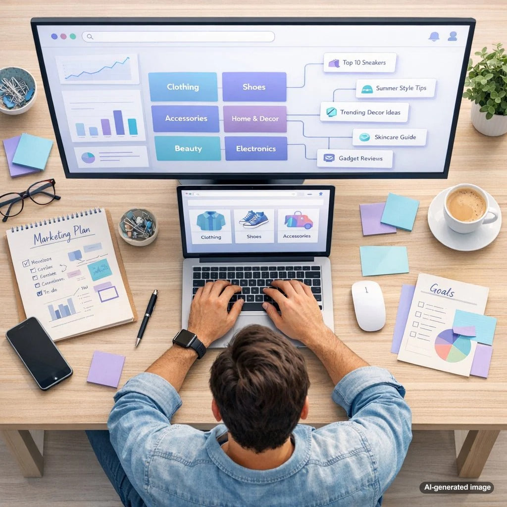 Category page SEO strategy targeting mid-tail keywords with internal linking to product blog content