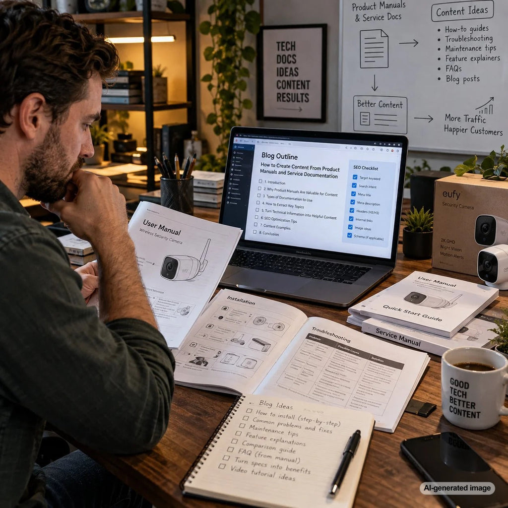 Product manuals and service documentation organized for creating useful SEO content