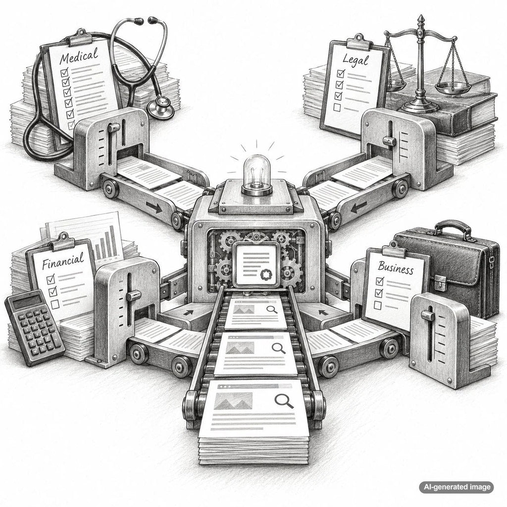 Illustration of industry-specific AI content publishing rules for medical, legal, financial, and general business clients, emphasizing editorial review, compliance, and SEO quality control