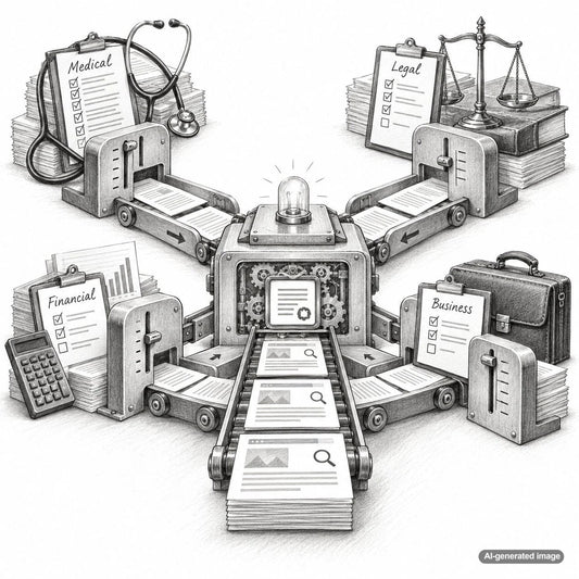 Illustration of industry-specific AI content publishing rules for medical, legal, financial, and general business clients, emphasizing editorial review, compliance, and SEO quality control