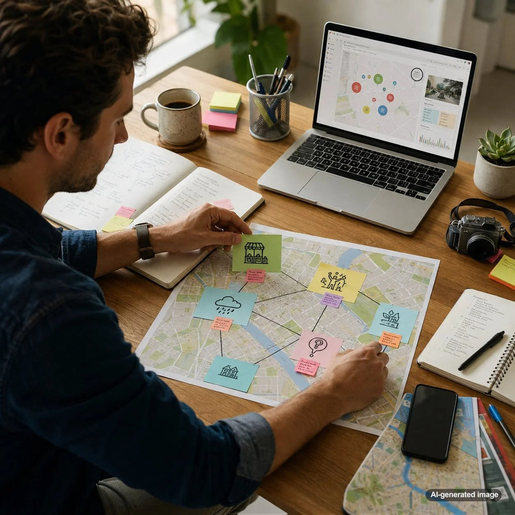 Modern workspace used to develop locally relevant blog topics beyond near me keywords