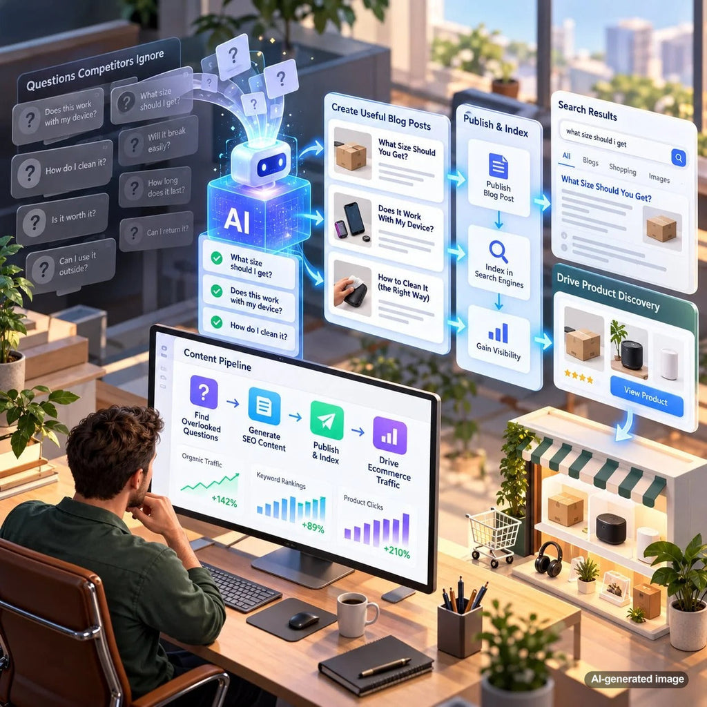 Content strategist researching overlooked customer questions and SEO content opportunities on a laptop to develop useful articles that address gaps in competitor coverage