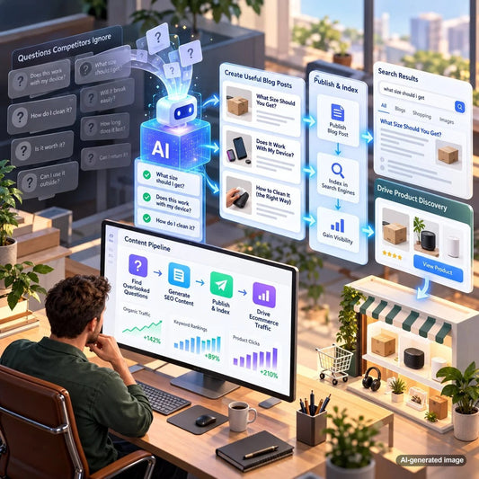 Content strategist researching overlooked customer questions and SEO content opportunities on a laptop to develop useful articles that address gaps in competitor coverage
