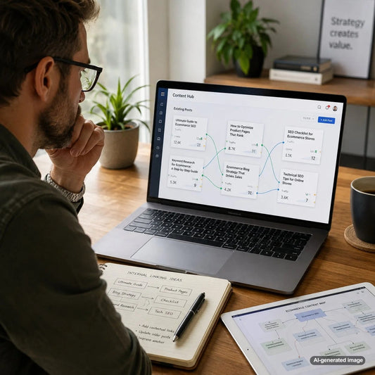 Content strategist reviewing existing blog posts to identify internal linking opportunities for stronger SEO
