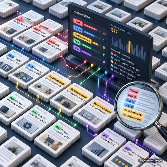 Visual representation of analyzing repeated headline formulas across a large blog to improve SEO content diversity and search visibility