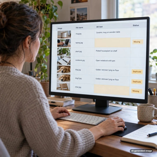 Blog image alt text audit showing a website editor reviewing missing and duplicate image descriptions for accessibility and SEO
