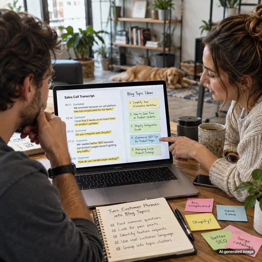 Sales call transcripts being reviewed to discover customer questions and new blog topic ideas