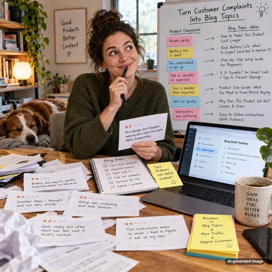 Business owner researching product review complaints to uncover useful SEO blog topic ideas