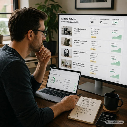 Content strategist reviewing existing article performance and identifying missing monetization opportunities