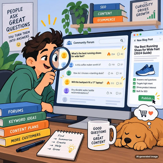 Illustration of a marketer uncovering high-intent customer questions within online forum discussions