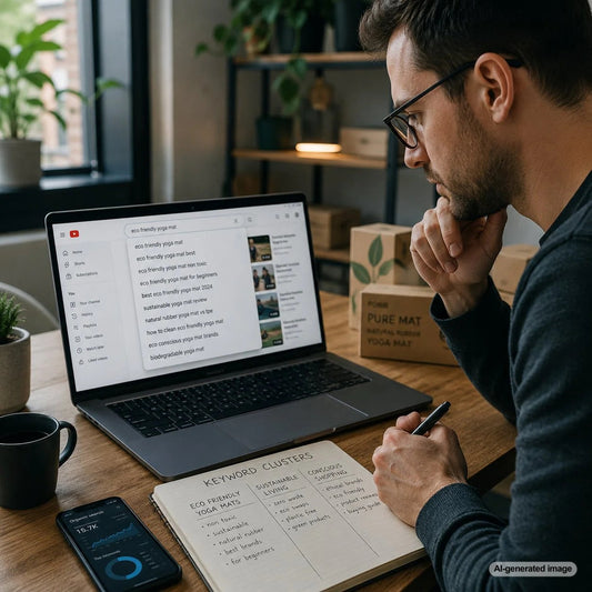 Business owner researching long-tail keyword ideas from YouTube search suggestions for SEO content planning