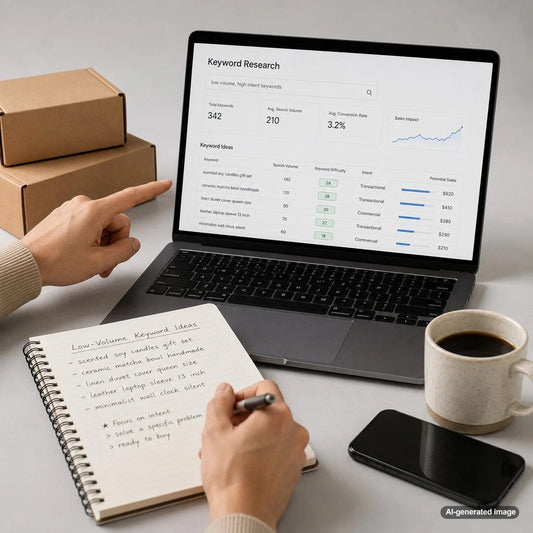 Business owner researching low-volume keywords with strong buyer intent to improve organic sales