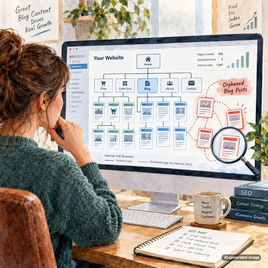 Technical pencil sketch illustrating disconnected blog posts, broken internal linking pathways, and an SEO website audit after a redesign