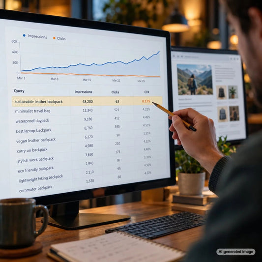 SEO search analytics dashboard showing Google search queries with high impressions, low click-through rates, and opportunities to improve organic website traffic