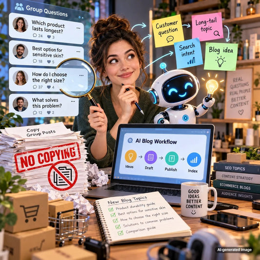 Isometric illustration of SEO content research showing community questions organized into original blog topic ideas and search opportunities without copying Facebook Group posts