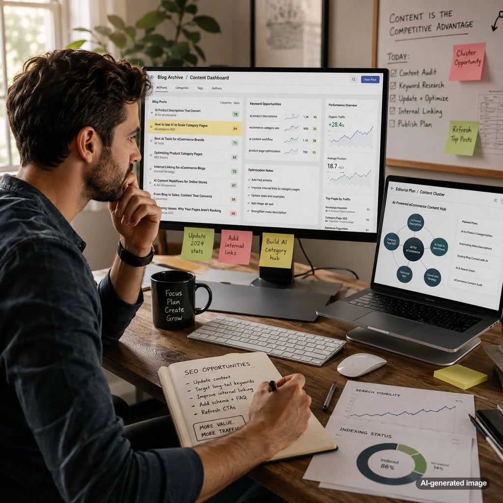 Business owner reviewing blog archive data to find SEO opportunities and improve Google rankings
