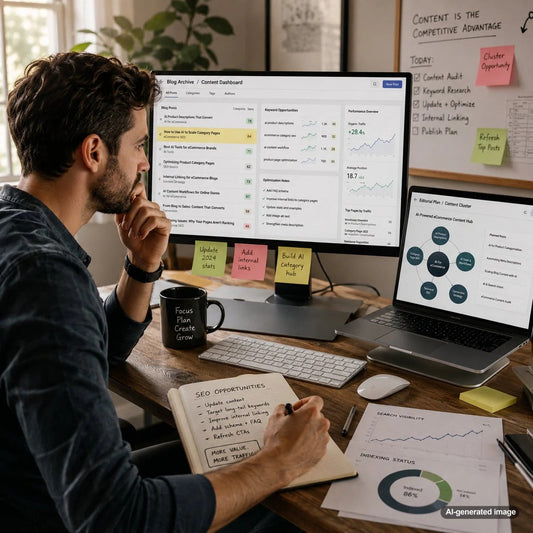 Business owner reviewing blog archive data to find SEO opportunities and improve Google rankings