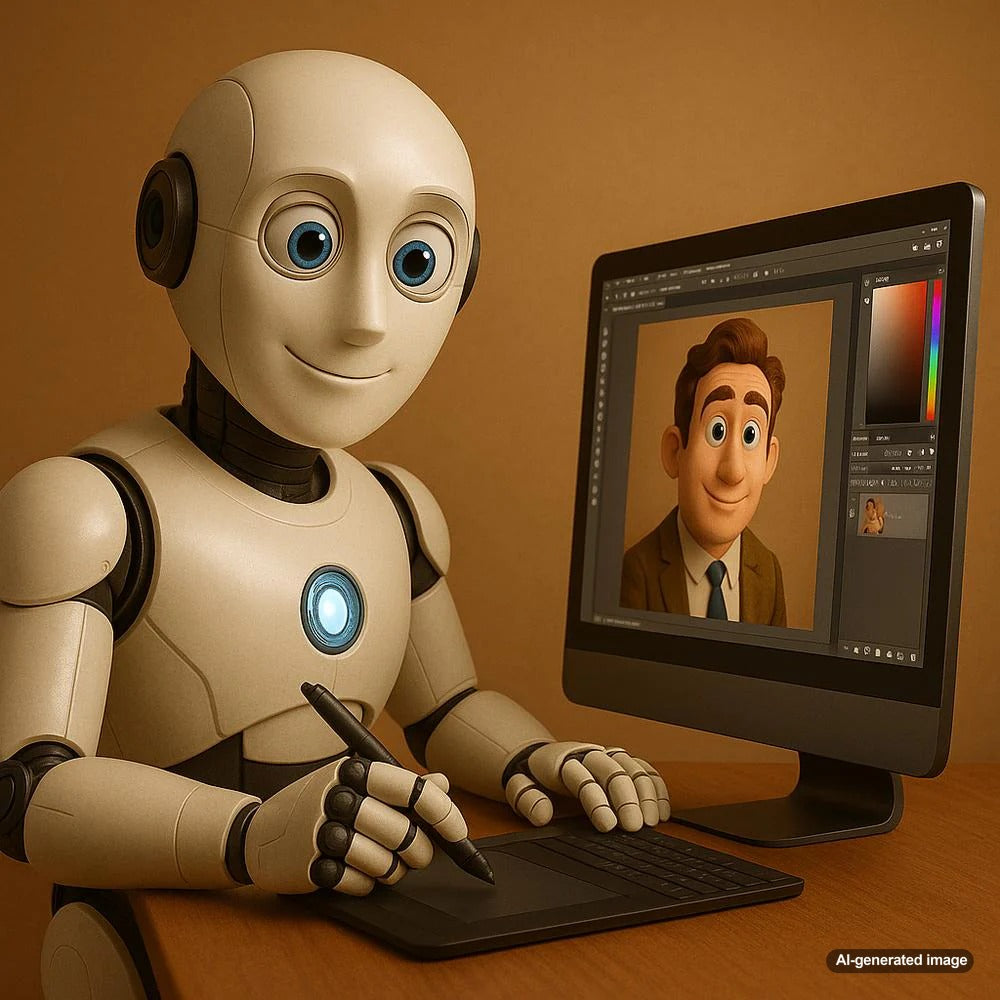 AI-generated image showcasing a futuristic workspace with a laptop displaying a blog post, symbolizing the integration of AI in blogging