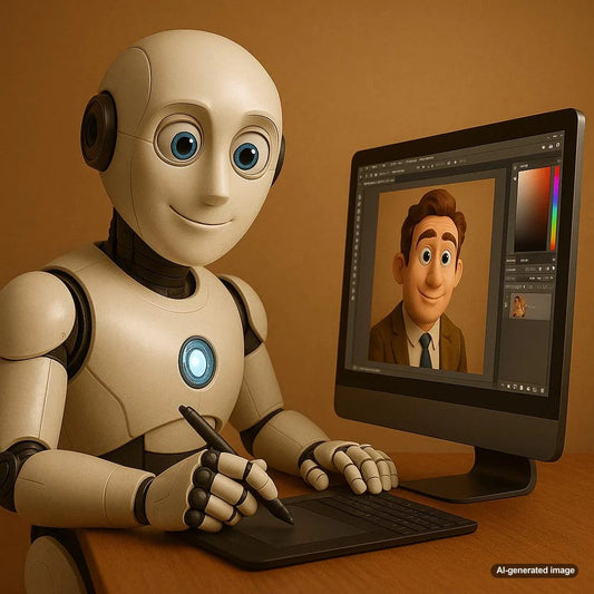 AI-generated image showcasing a futuristic workspace with a laptop displaying a blog post, symbolizing the integration of AI in blogging
