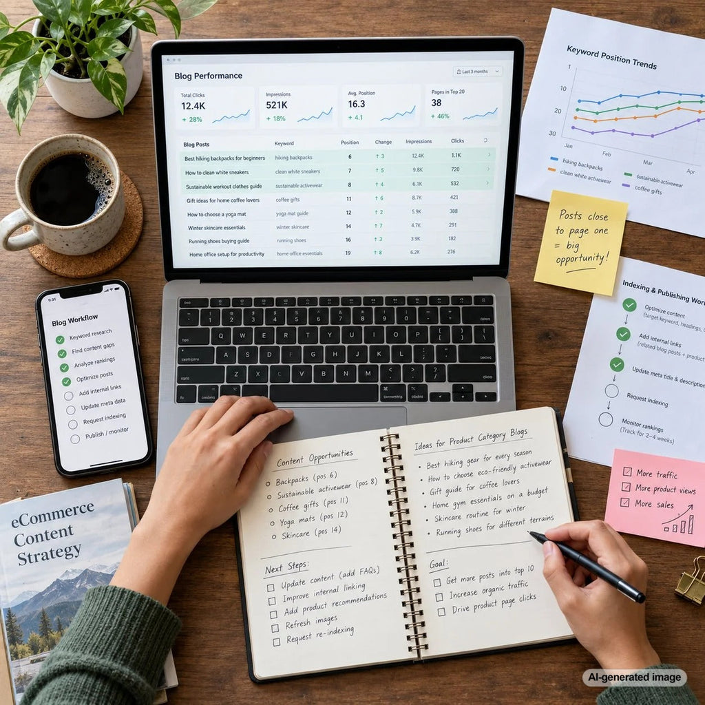 How to find blog posts that are close to ranking by analyzing search impressions, positions, clicks, and content opportunities