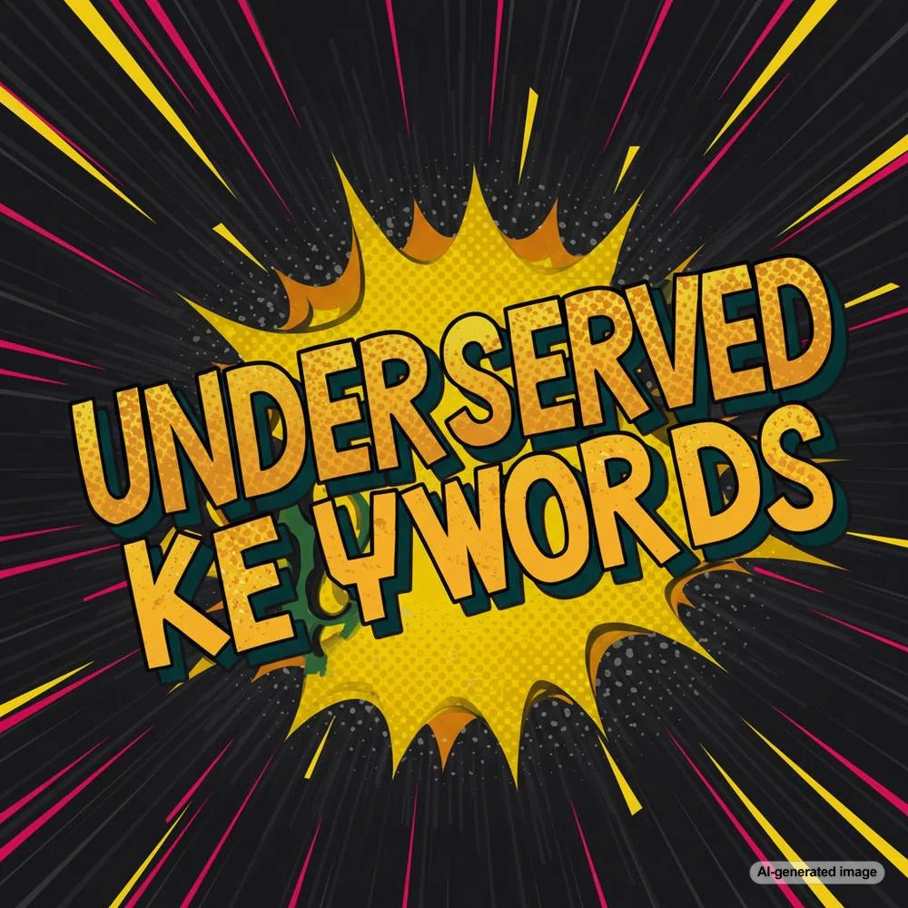 Magnifying glass highlighting underserved keywords on a digital search interface