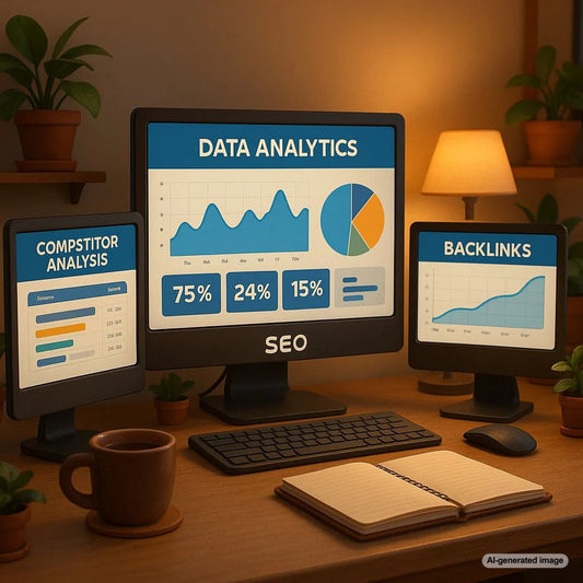 Illustration of a magnifying glass over a website, symbolizing the search for competitor backlinks