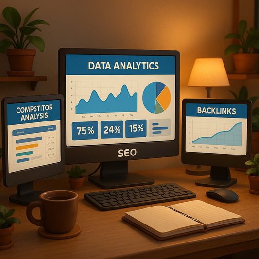 Illustration of a magnifying glass over a website, symbolizing the search for competitor backlinks