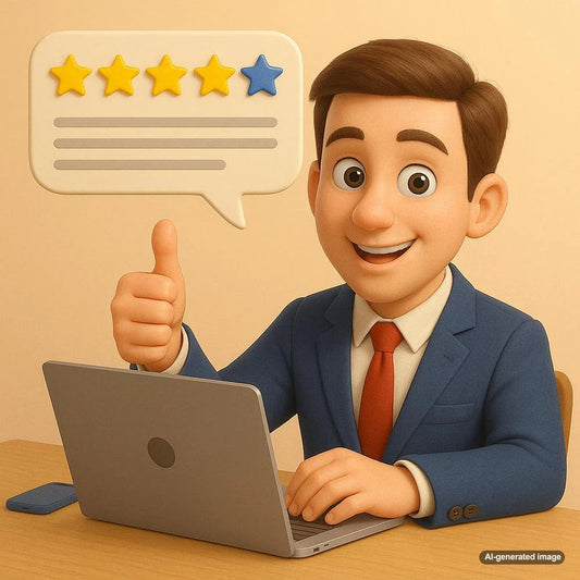 A person typing on a laptop with five-star review icons