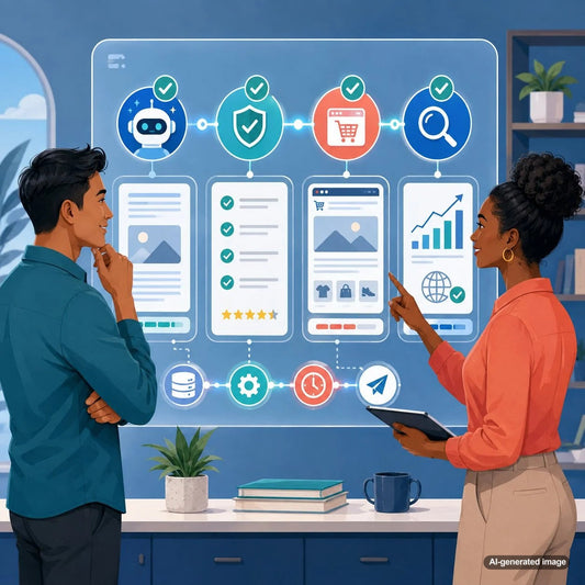 Business team reviewing client visibility, approval stages, and performance data in an automated content pipeline