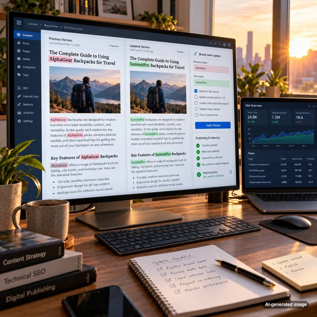 SEO content rebranding strategy for updating existing articles, business names, metadata, and website identity while protecting organic search rankings