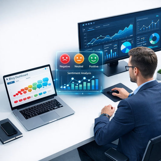 Business owner responding calmly to negative blog comments in a website comment section